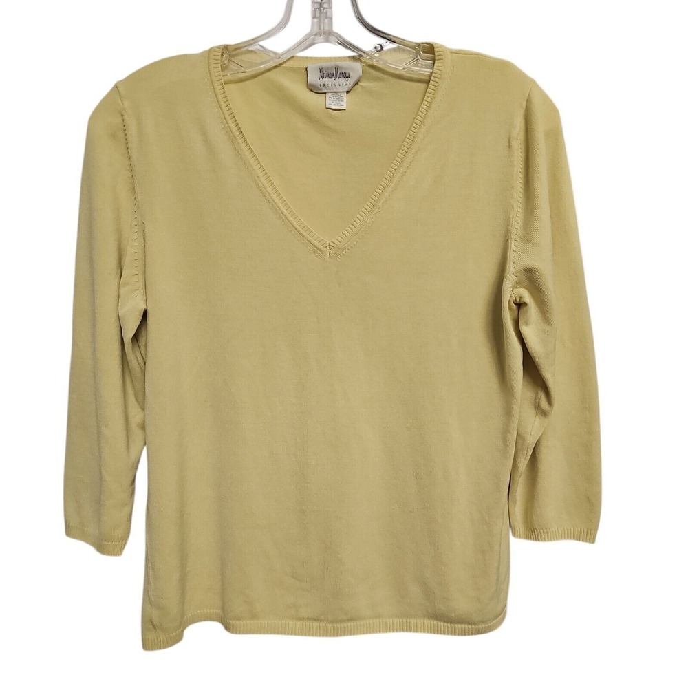 Neiman Marcus Exclusive Silk Blend V-Neck Yellow Top Classic Knit Woman's Large
